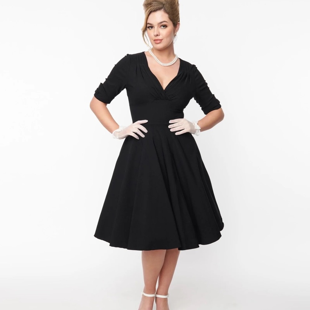 Unique Vintage Royal Blue Delores Swing Dress with Sleeves